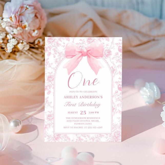 Toile Pink Bow Chinoiserie 1st Birthday Invitation (Creator Uploaded)