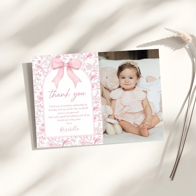 Toile Pink Bow Chinoiserie Floral Birthday Thank You Card (Creator Uploaded)