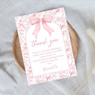 Toile Pink Bow Chinoiserie Floral Birthday Thank You Card