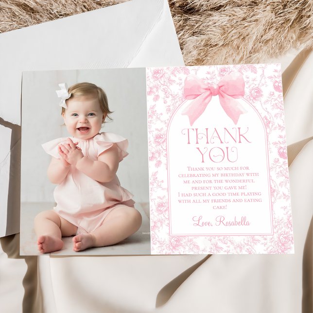 Toile Pink Bow Chinoiserie Girl Birthday Photo Thank You Card (Creator Uploaded)