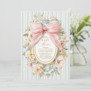 Toile Pink Bow Cottagecore Floral Baby Shower Invitation