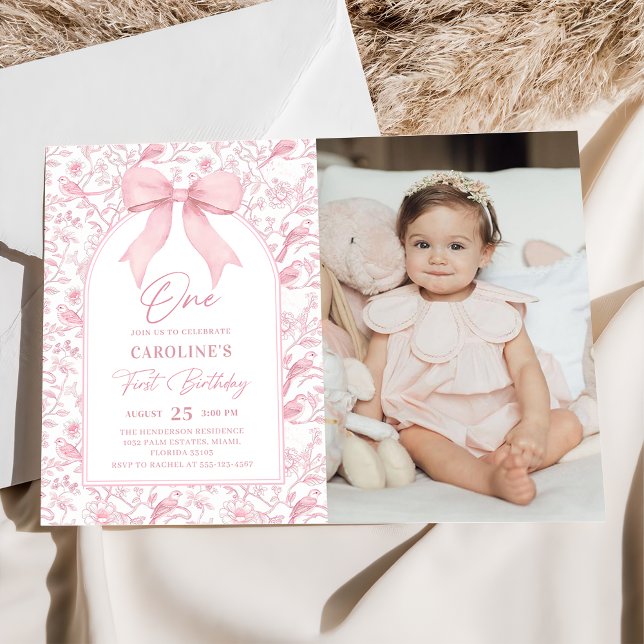 Toile Pink Bow Floral 1st Birthday Photo Invitation (Creator Uploaded)