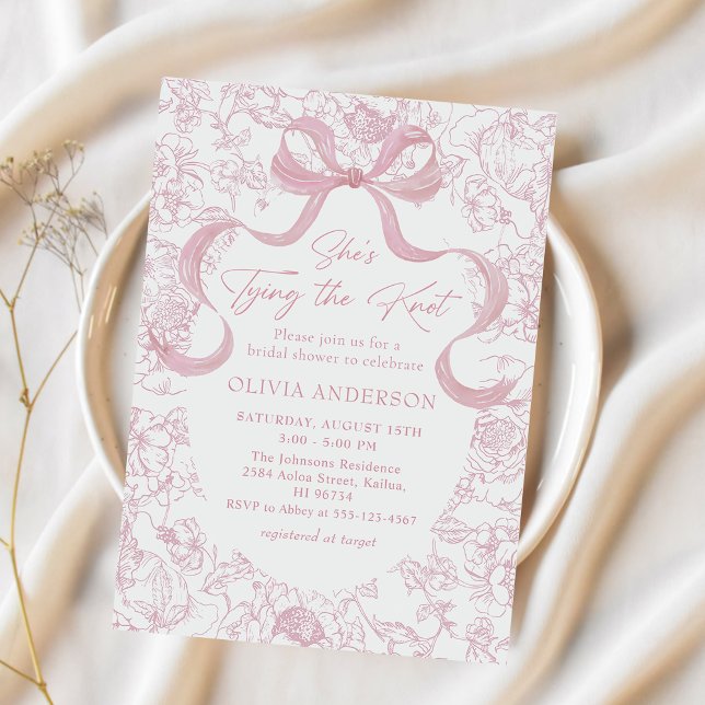 Toile Pink Bow She's Tying the Knot Bridal Shower Invitation (Creator Uploaded)