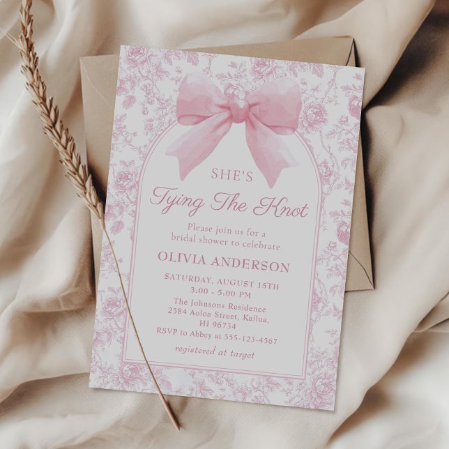 Toile Pink Bow She's Tying the Knot Bridal Shower Invitation (Creator Uploaded)