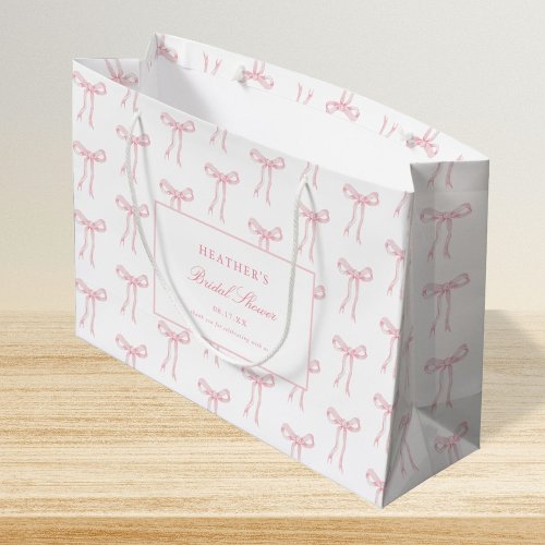 Toile Pink Bow Tying The Knot Blue Bridal Shower  Large Gift Bag