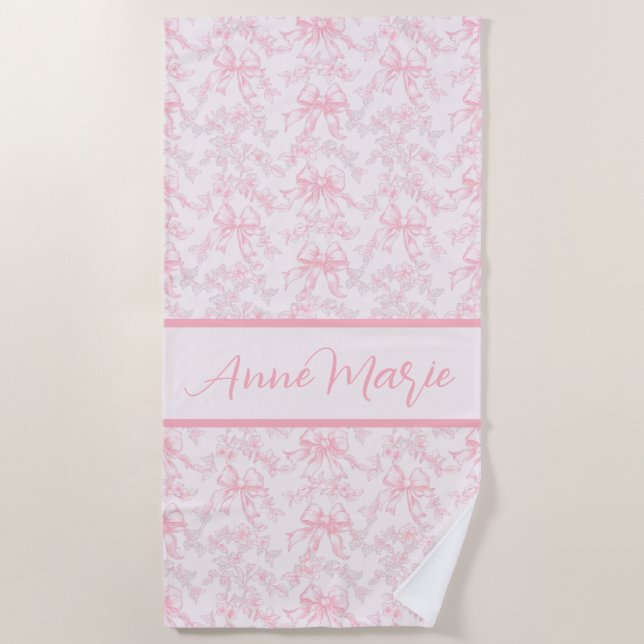 Toile Pink Coquette Bow Wedding Party Beach Towel (Front)