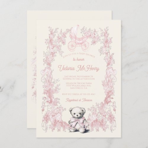 Toile Pink Floral Teddy Bear Carriage Baby Shower Invitation