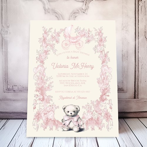 Toile Pink Floral Teddy Bear Carriage Baby Shower Invitation