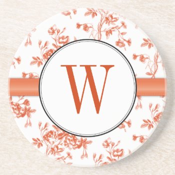 Toile Red Roses Monogram Coaster by charmingink at Zazzle