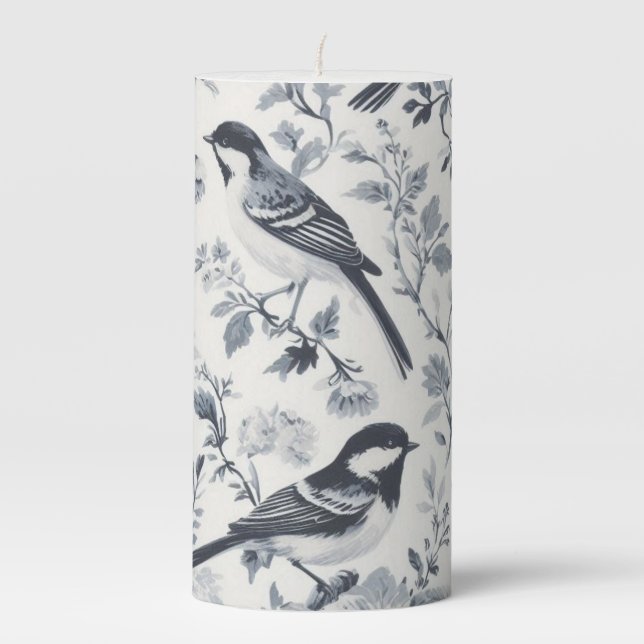 Toile Rustic Black Bird French Pattern Pillar Candle (Front)