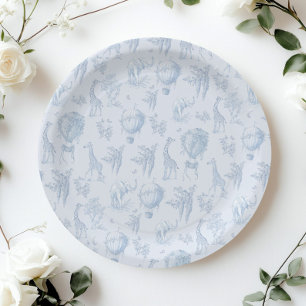 Toile Safari Hot Air Balloons Blue Baby shower Paper Plates