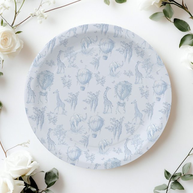 Toile Safari Hot Air Balloons Blue Baby shower Paper Plates (Creator Uploaded)