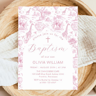 Toile Safari Pink girl Baptism invitation