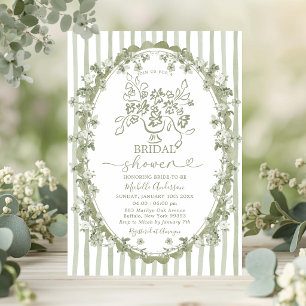 Toile Sage Floral Bouquet Bow Bridal Shower Invitation