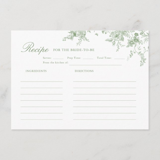 Toile Sage Green Floral Bridal Shower Recipe Enclosure Card (Front)