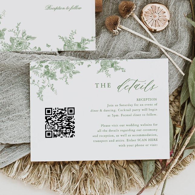 Toile Sage Green Floral Wedding Details QR Enclosure Card (Creator Uploaded)