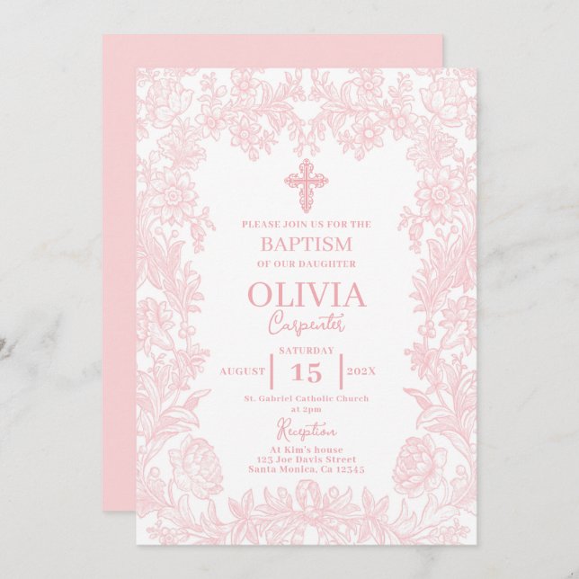 Toile Vintage frame Baptism Invitation (Front/Back)