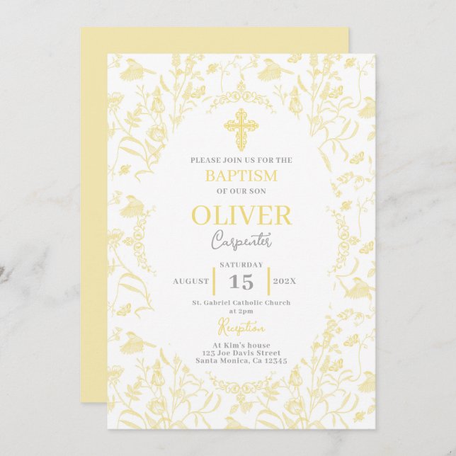 Toile yellow Baptism Invitation (Front/Back)