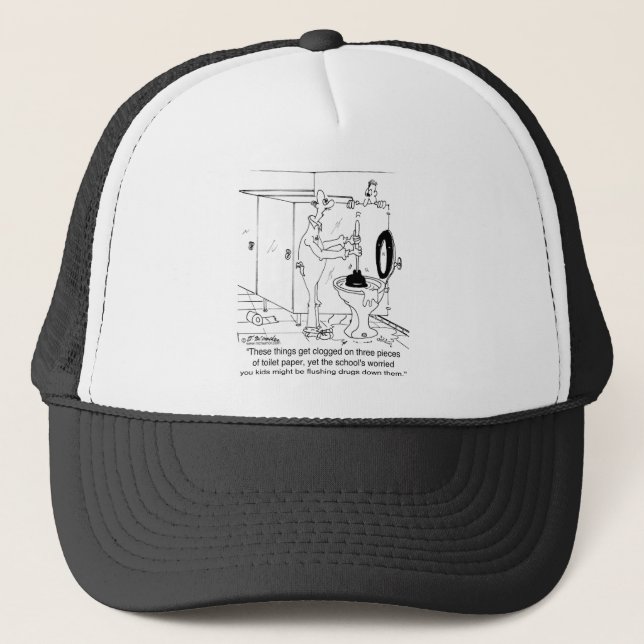 Toilet Clogs With Three Sheets of TP Trucker Hat (Front)