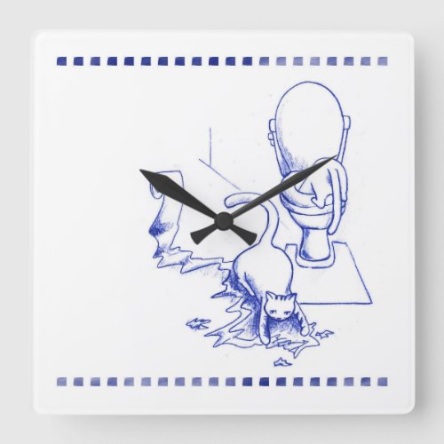 Toilet Drinking Kitty Cat Bathroom Toile Look Square Wall Clock