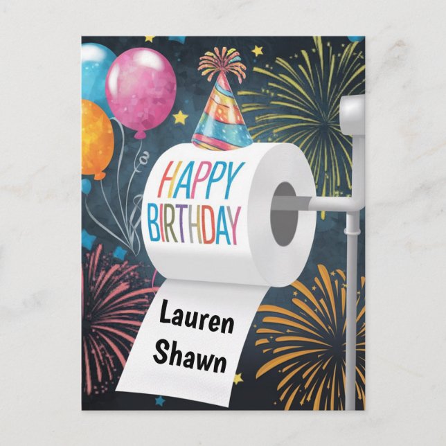 Toilet paper birthday hat balloons fireworks postcard (Front)