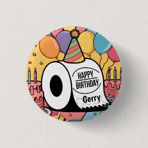 Toilet paper wearing birthday hat balloons button