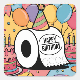 Toilet paper wearing birthday hat balloons square sticker