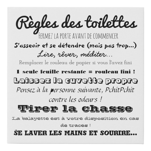 Toilet rules faux canvas print (Front)