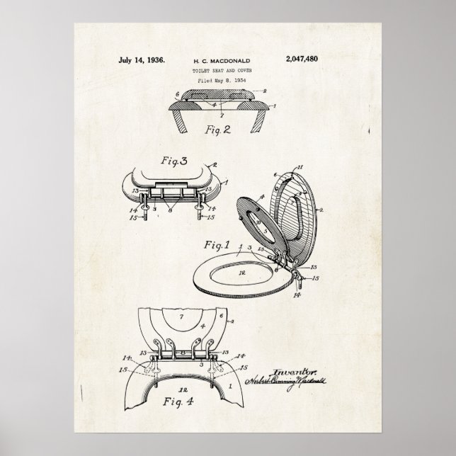 Toilet Seat and Cover 1936 Patent Print Poster (Front)