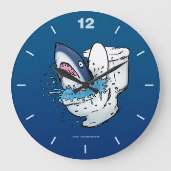 Toilet Shark Funny Blue Cartoon Large Clock by BastardCard at Zazzle