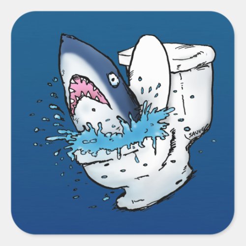 Toilet Shark Funny Blue Cartoon Square Sticker