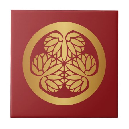 Tokugawa Aoi Japanese Mon Family Crest Gold On Red Ceramic Tile
