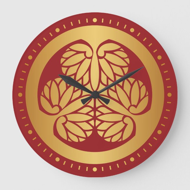 Tokugawa Aoi Japanese Mon Family Crest Gold on Red Large Clock (Front)