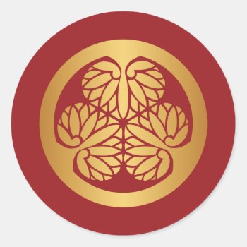 Tokugawa Aoi Mon Japanese Family Crest Gold On Red Classic Round Sticker by Hakonart at Zazzle