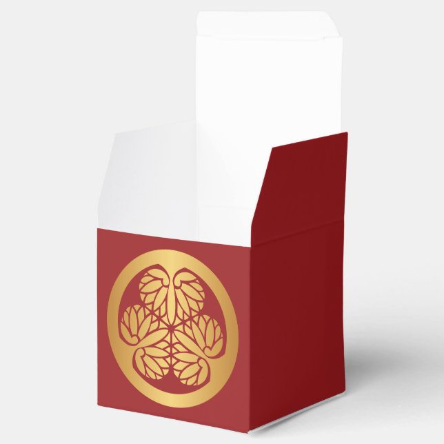 Tokugawa Aoi Mon Japanese Family Crest Gold on Red Favor Boxes (Opened)