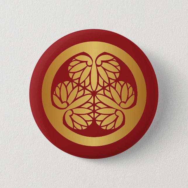 Tokugawa Aoi Mon Japanese Family Crest Gold on Red Pinback Button (Front)