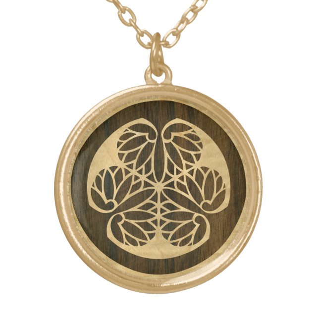 Tokugawa Aoi Mon Japanese Family Crest Wood Veneer Gold Plated Necklace (Front)