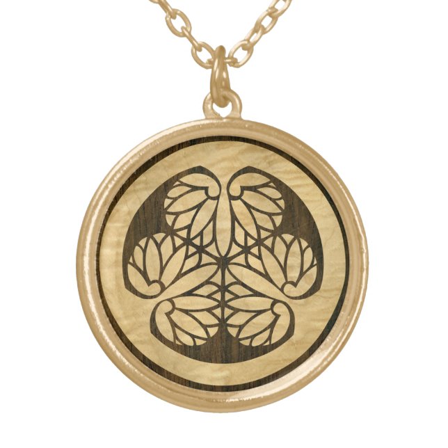 Tokugawa Aoi Mon Japanese Family Crest Wood Veneer Gold Plated Necklace (Front)