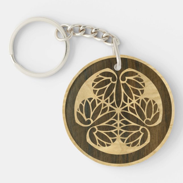 Tokugawa Aoi Mon Japanese Family Crest Wood Veneer Keychain (Front)