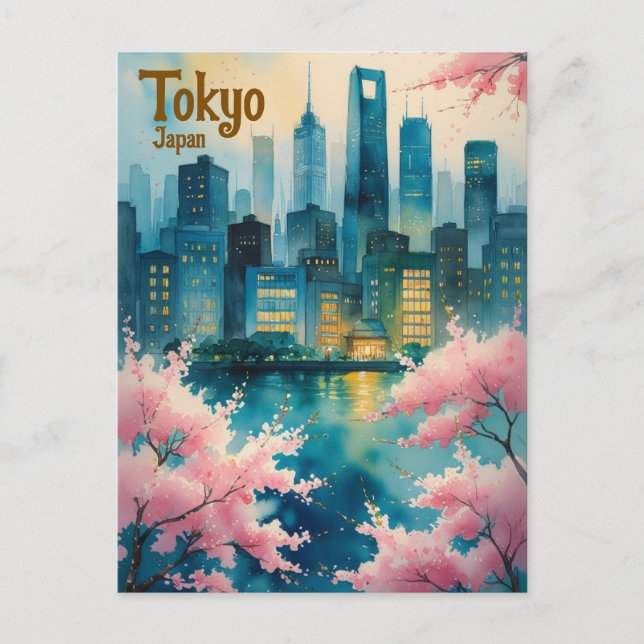 Tokyo Cherry Blossoms Postcard – Sakura with City  (Front)