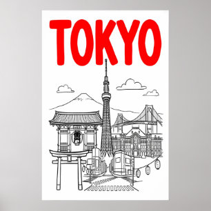 Tokyo City Wall Art Bold Red Lettering with Iconic