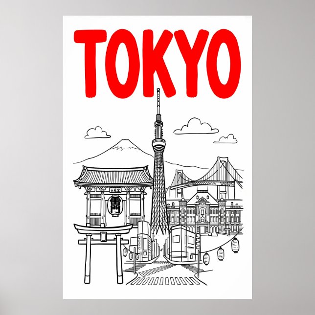 Tokyo City Wall Art Bold Red Lettering with Iconic (Front)