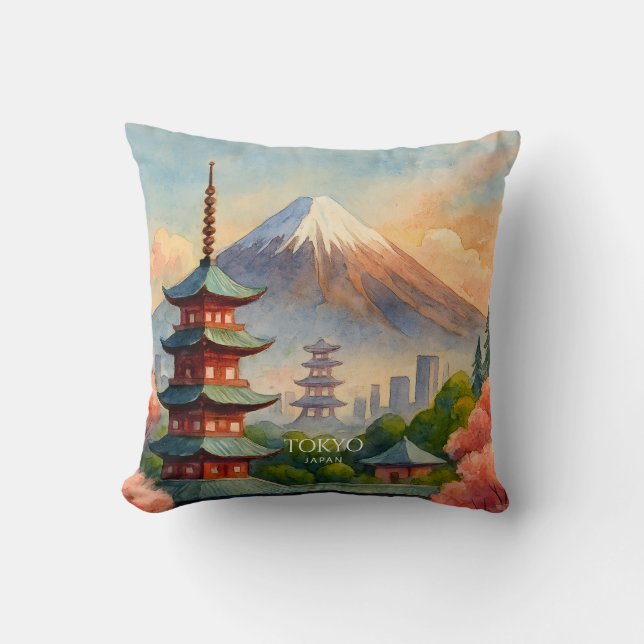 Tokyo Japan Cityscape Watercolor Souvenir Throw Pillow (Front)