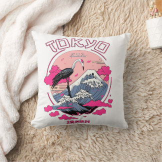 Tokyo Japan Crane - Mt Fuji Vintage Japanese Throw Pillow