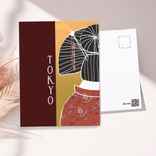 Tokyo Japan Kimono Yukata Shrine Hand Illustrated Postcard