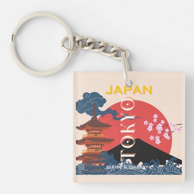 Tokyo Japan Travel Art, Retro Travel Art Keychain (Front)