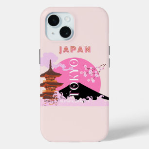 Tokyo Japan Travel Art, Retro Travel Art, Pink iPhone 15 Case