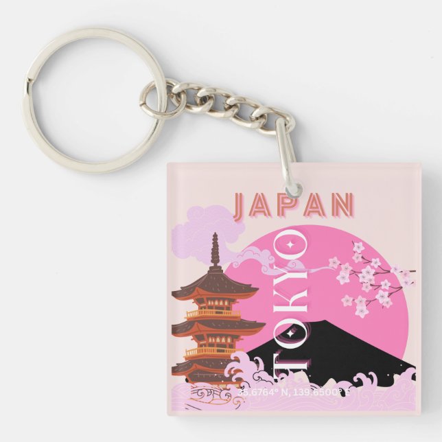 Tokyo Japan Travel Art, Retro Travel Art, Pink Keychain (Front)