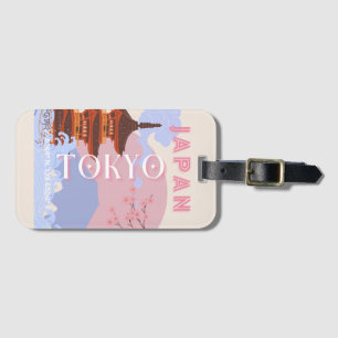 Tokyo Japan Travel Art, Retro Travel Art, Pink Luggage Tag