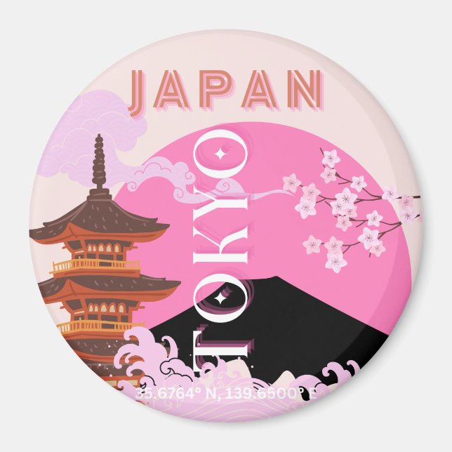 Tokyo Japan Travel Art, Retro Travel Art, Pink Magnet (Front)
